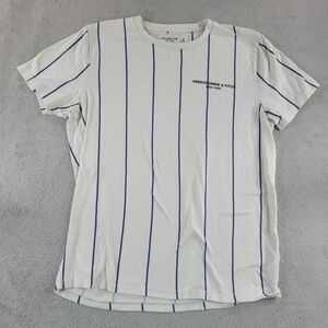 Abercrombie & Fitch Men's White Tee with Blue Stripes
